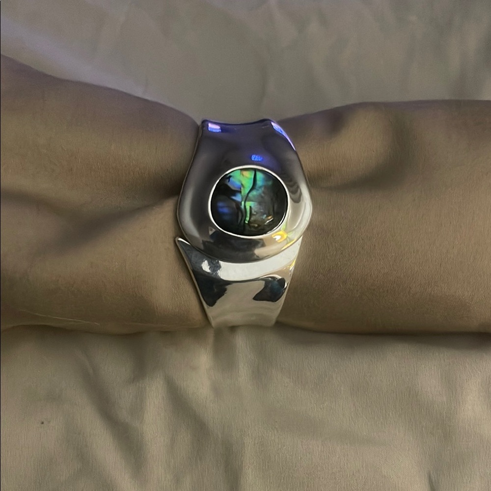 Silver Wearable Tech Bracelet with Abalone Inlay